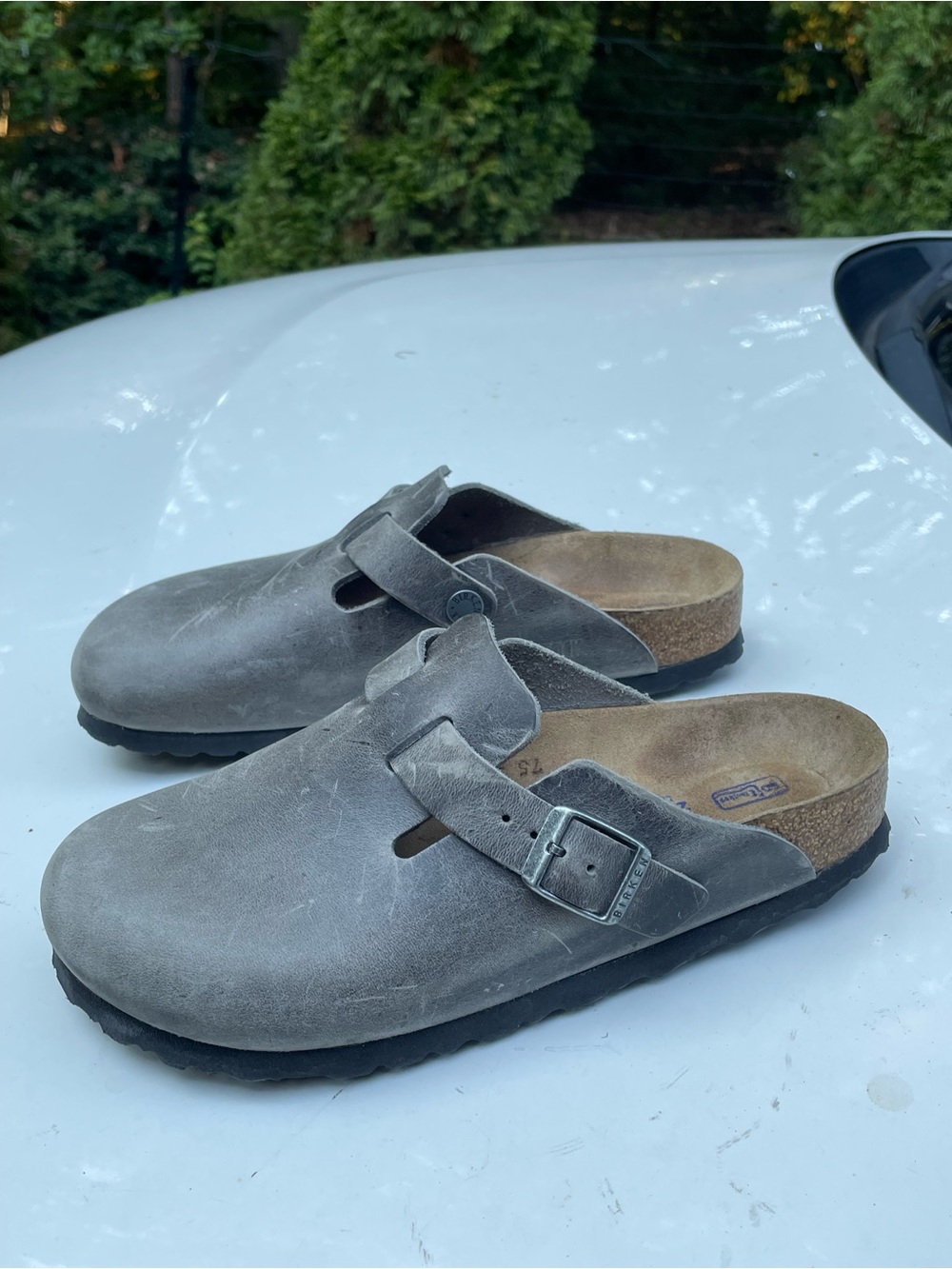 Birkenstock Gray Oiled Leather Soft Footbed Clogs Size 36